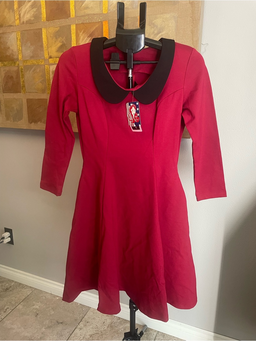 Pinup Couture Madison Red Long Sleeve Dress with Black Collar and Pockets